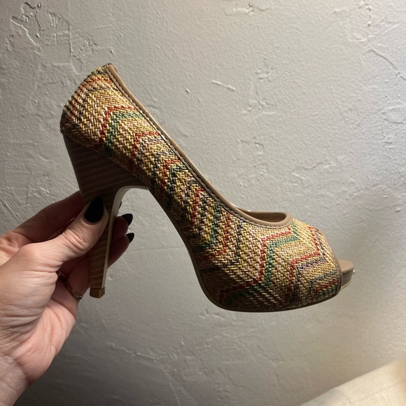 Italian Henry Ferrera Tan Y2K Peep Toe Wicker Wood Heels Stiletto Pumps 8 Italy - Picture 14 of 16